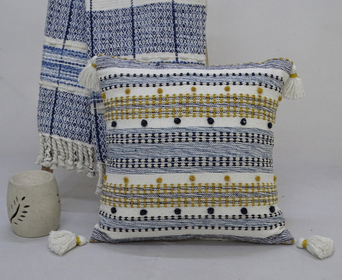 Vibhsa Multicolor Striped Throw Pillow 20x20 with Mini Poms and Tassels
