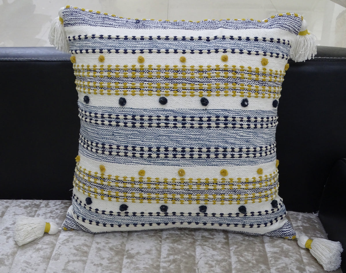 Vibhsa Multicolor Striped Throw Pillow 20x20 with Mini Poms and Tassels