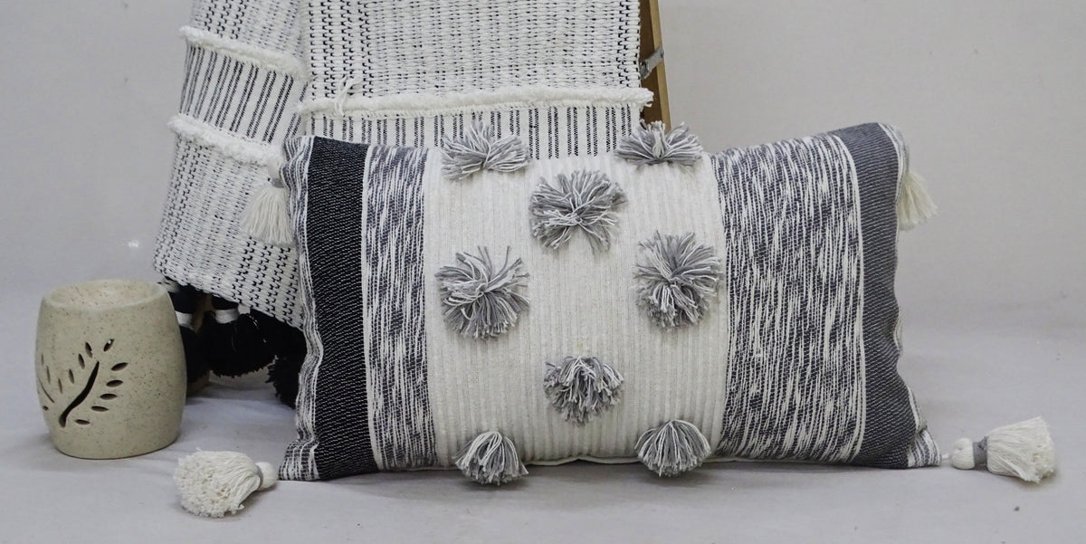 Vibhsa Grey Melange Striped Lumbar Pillow 14x24 with Large Poms and Tassels