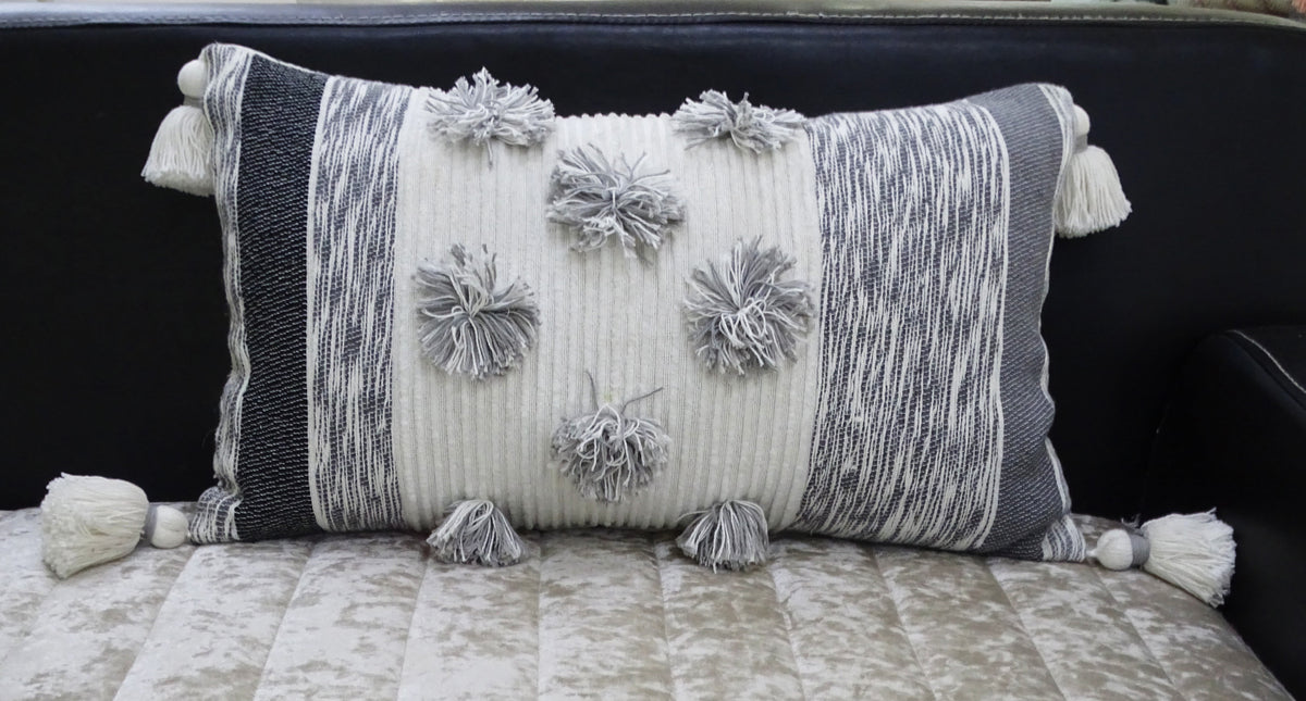 Vibhsa Grey Melange Striped Lumbar Pillow 14x24 with Large Poms and Tassels