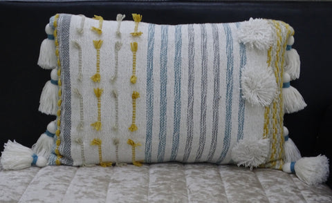 Designer Striped Pillow with Large Poms and Tassels 14"x20"