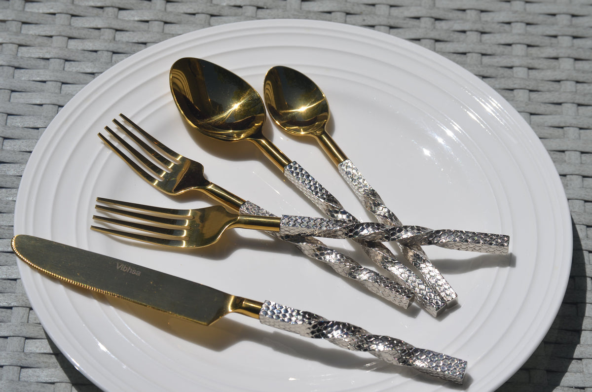 Vibhsa Gold Stainless Steel Flatware Set of 5 Pieces | Service for 1, Gift Box