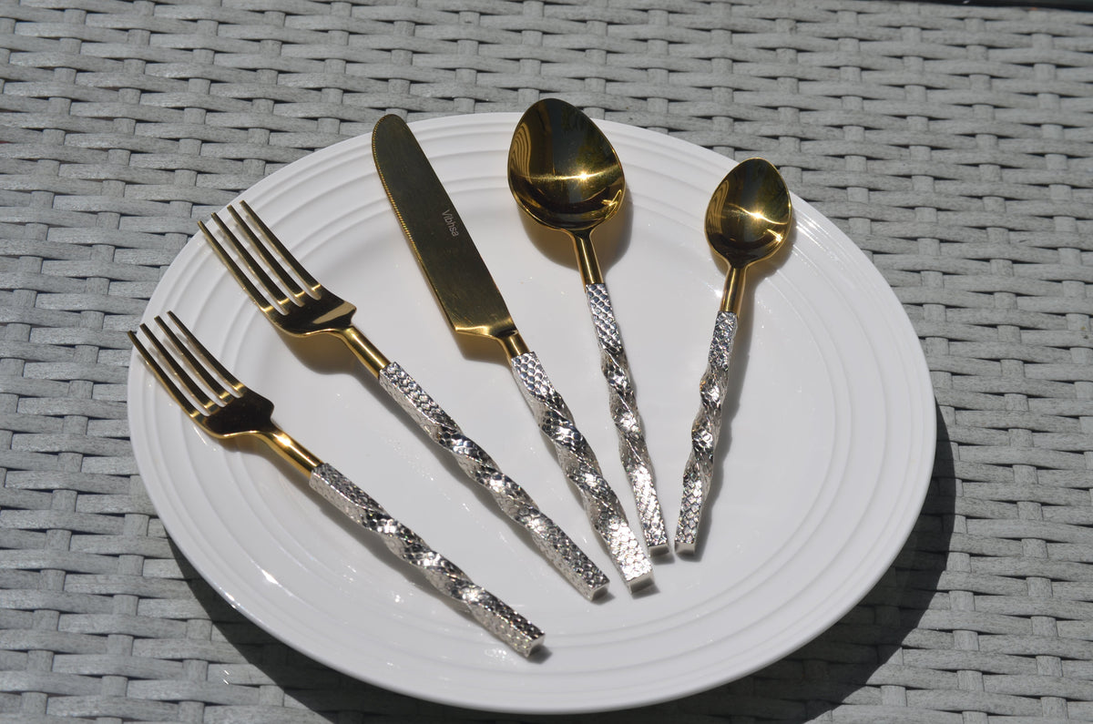 Vibhsa Gold Stainless Steel Flatware Set of 5 Pieces | Service for 1, Gift Box