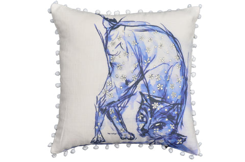 Blue Decorative Pillow with Pom-Poms Cat 18"x18"