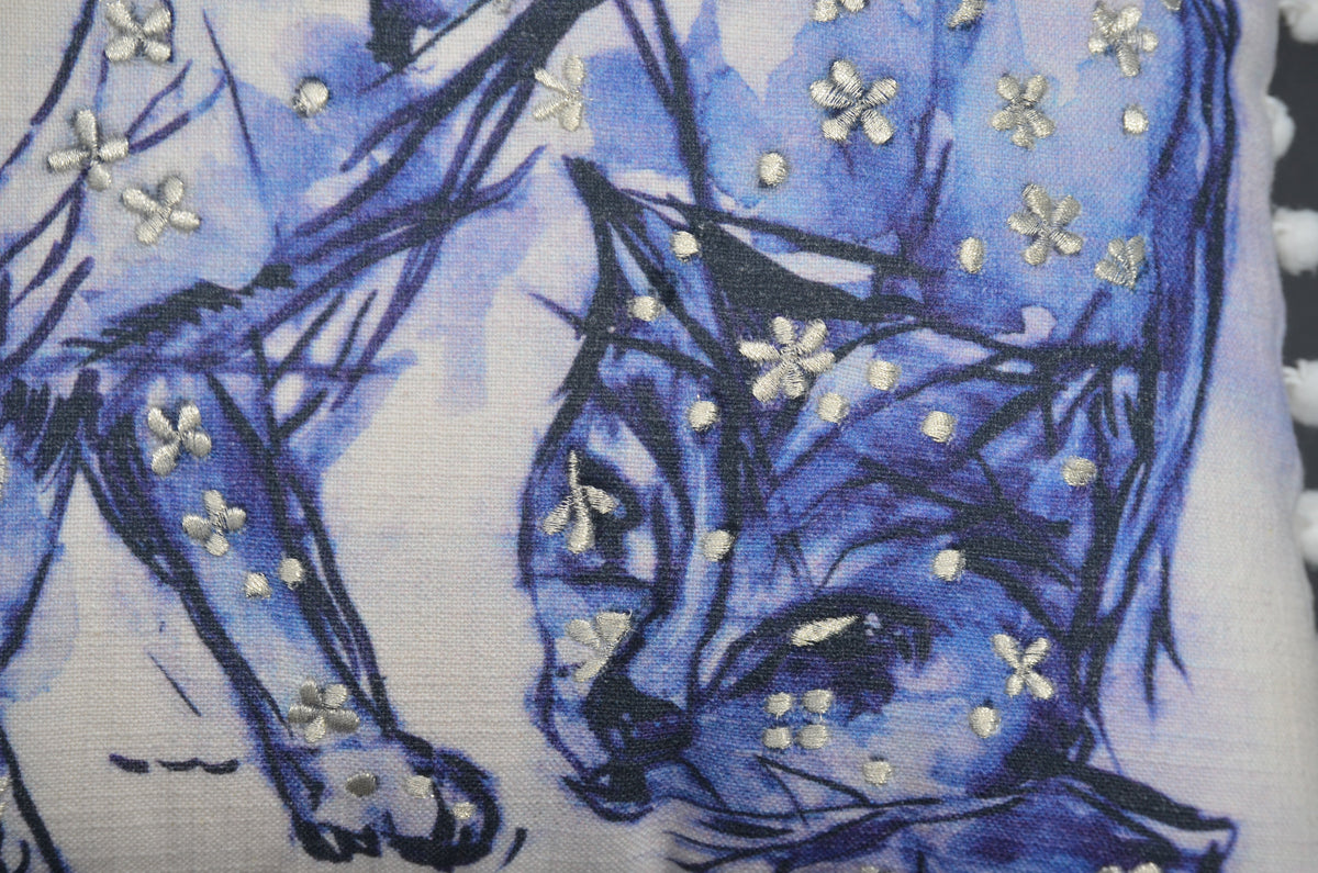 Blue Decorative Pillow with Pom-Poms Cat 18"x18"