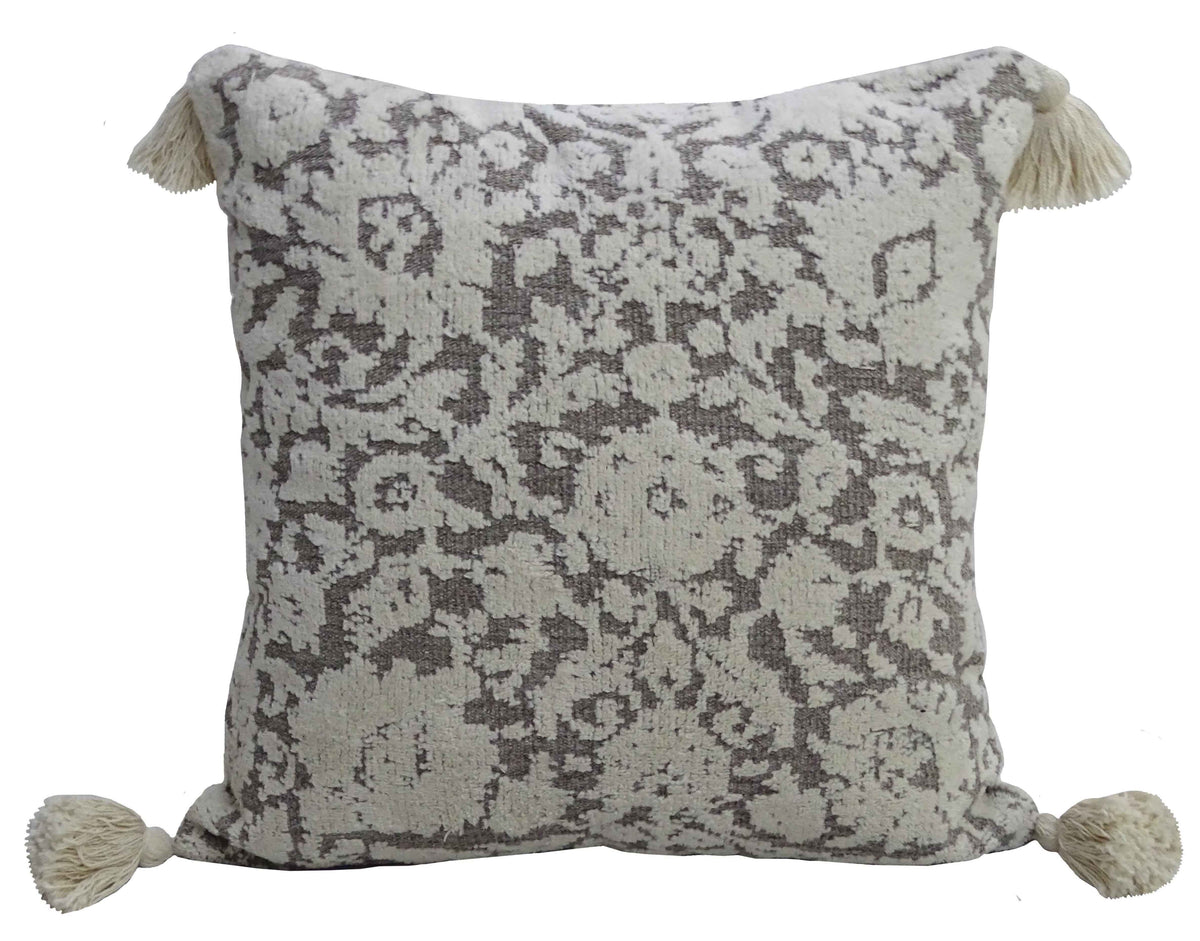Vibhsa Grey Damask Throw Pillow 20x20 with Tassels