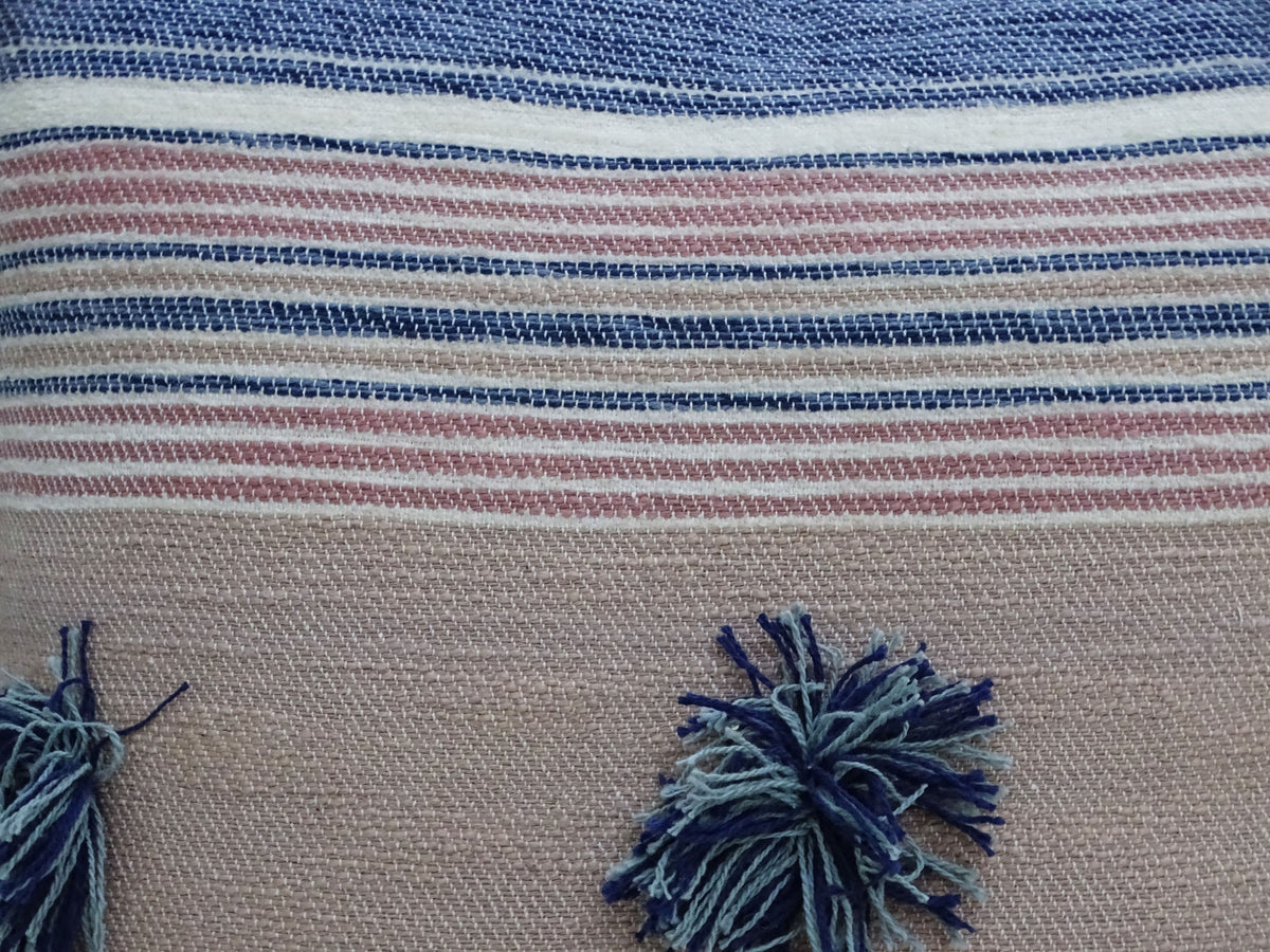 Vibhsa Blue & Pink Striped Throw Pillow 20x20 with Pom-Poms and Tassels