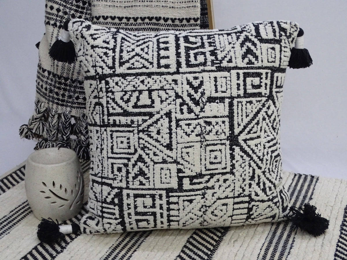 Vibhsa Black & White Geometric Throw Pillow 20x20 with Tassels
