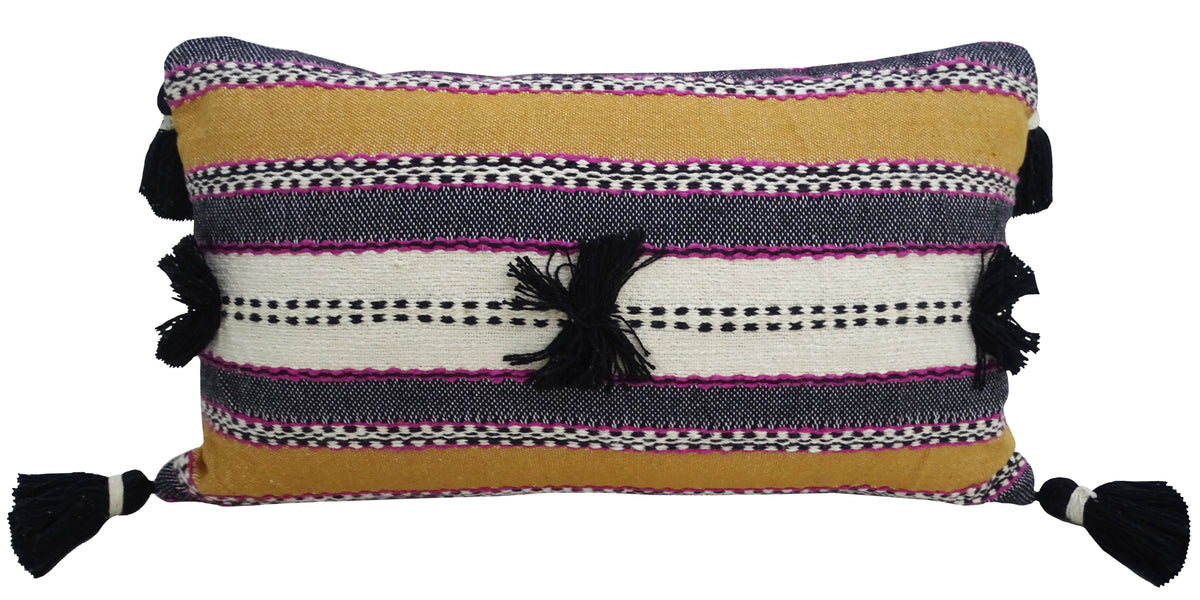 Vibhsa Purple & Mustard Lumbar Pillow 14x24 with Pom-Poms and Tassels