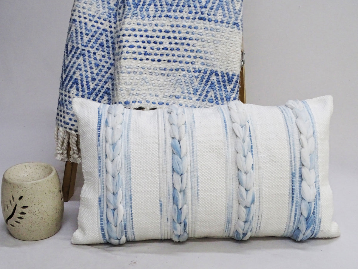 Vibhsa Blue & Ivory Handwoven Lumbar Pillow 14x24, Printed and Embroidered