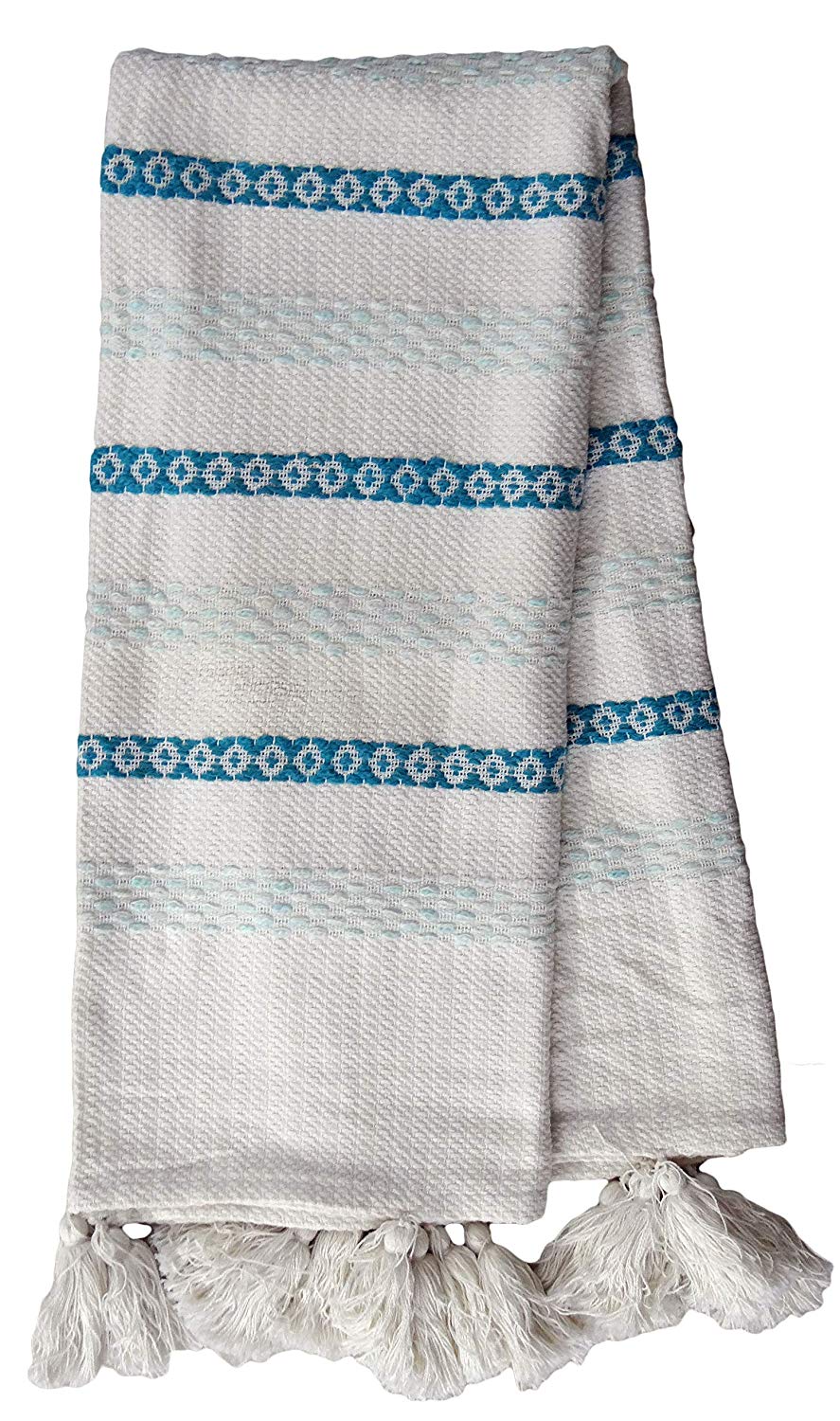 Hand loom Woven Throw Turquoise & White