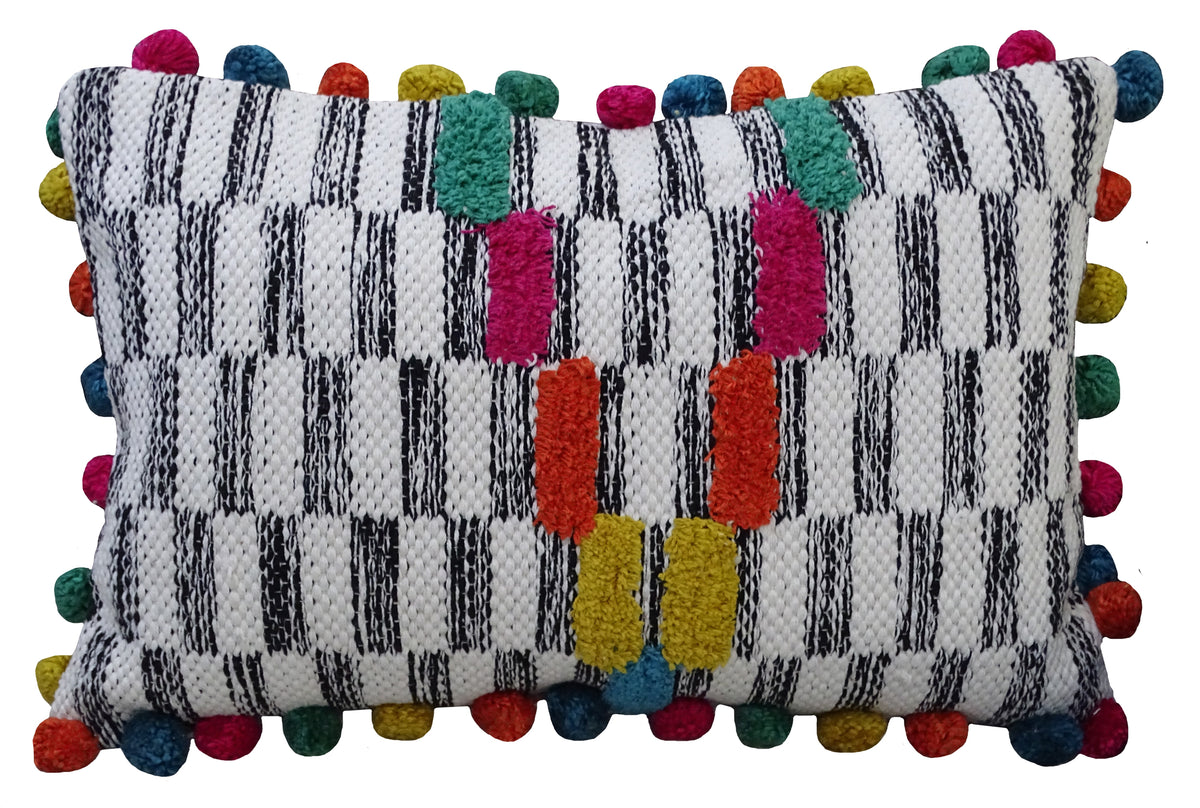 Vibhsa Black & White Lumbar Pillow 14x24 with Multicolor Pom-Poms