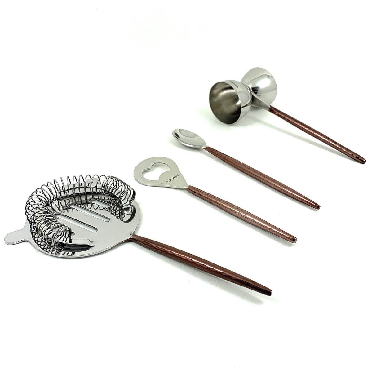 Vibhsa 4-Piece Bar Tools Kit | Copper Hammered PVD Handle, Stainless Steel, Gift Box