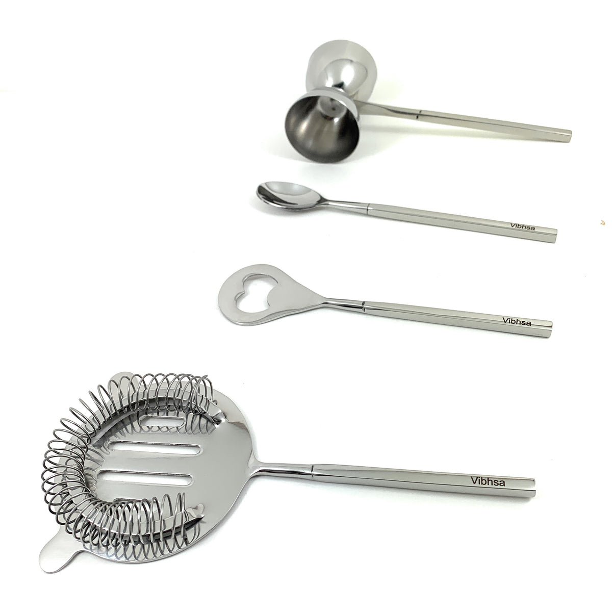 Vibhsa 4-Piece Bar Tools Kit | Silver Glossy Square Handle, Stainless Steel, Gift Box