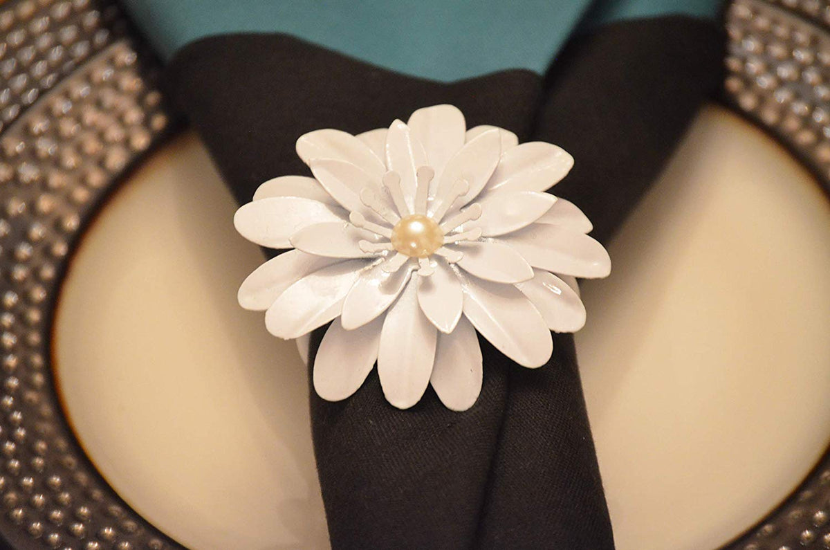 Vibhsa White Floral Napkin Rings | Set of 4, Pearl Accents, Handmade