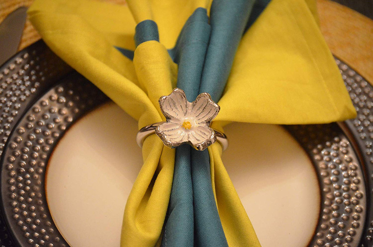 Vibhsa Silver Floral Napkin Rings | Set of 4, Handcrafted Aluminum