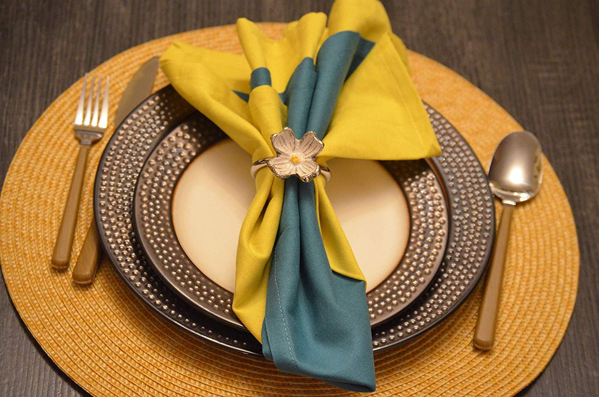 Vibhsa Silver Floral Napkin Rings | Set of 4, Handcrafted Aluminum
