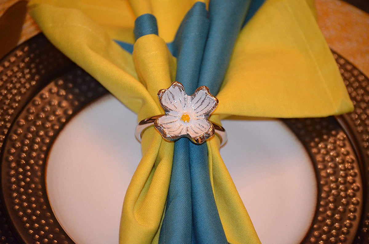Vibhsa Silver Floral Napkin Rings | Set of 4, Handcrafted Aluminum