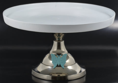White Cake Stand with Turquoise Butterfly (10" Cake Holder) - Vibhsa
